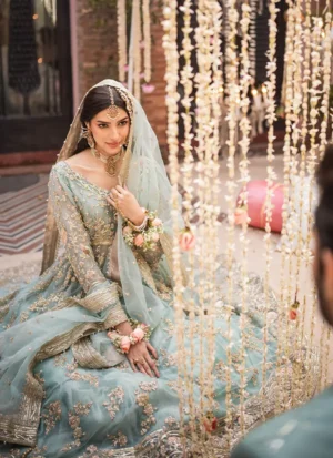 Sea Blue and Gold Bridal Lehenga